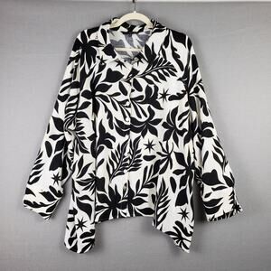 Fred David 3X Asymmetrical Button Up‎ White Black Tropical Lagenlook Eclectic